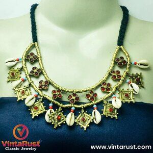 Tribal Golden Beaded Necklace, Vintage Choker Necklace With Dangling Golden